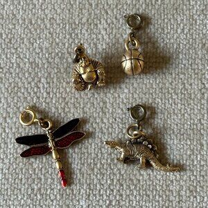 Pewter Gold Tone tiny charm lot Buddha Dragonfly Basketball Stegosaurus Dinosaur
